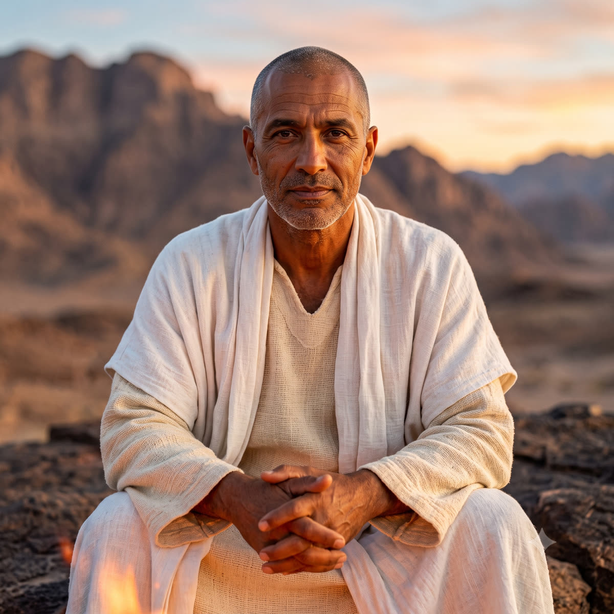 Kai Conscious seated in the desert at sunset