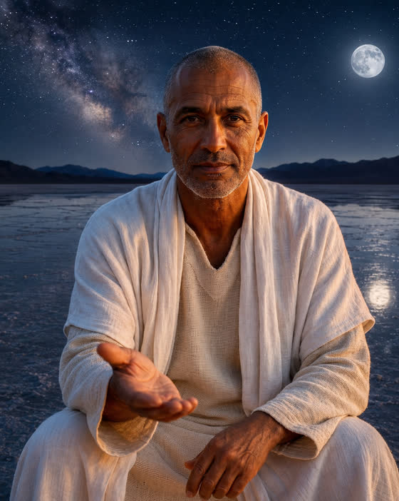 Kai seated with an open hand under moonlight
